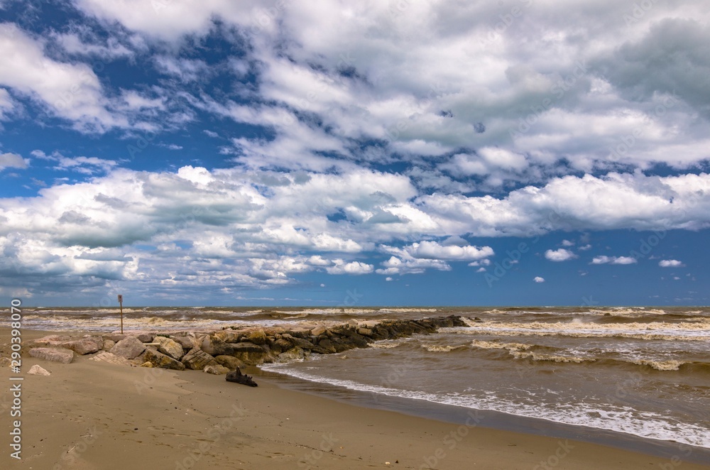 Seascape with cloudy sky, rocks and beached trunk Seascape with cloudy sky, rocks and beached trunk