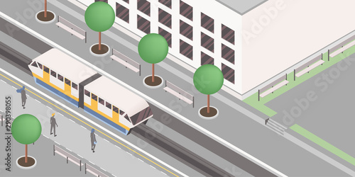 Monorail station isometric vector illustration. Modern urban railway, express city travel service, public passenger conveyance business, rail transport. People on platforms waiting light rail