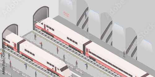 Metro station isometric vector illustration. Underground railroad, express city travel service, passenger conveyance business, public transport. People on platforms, arriving and departing trains