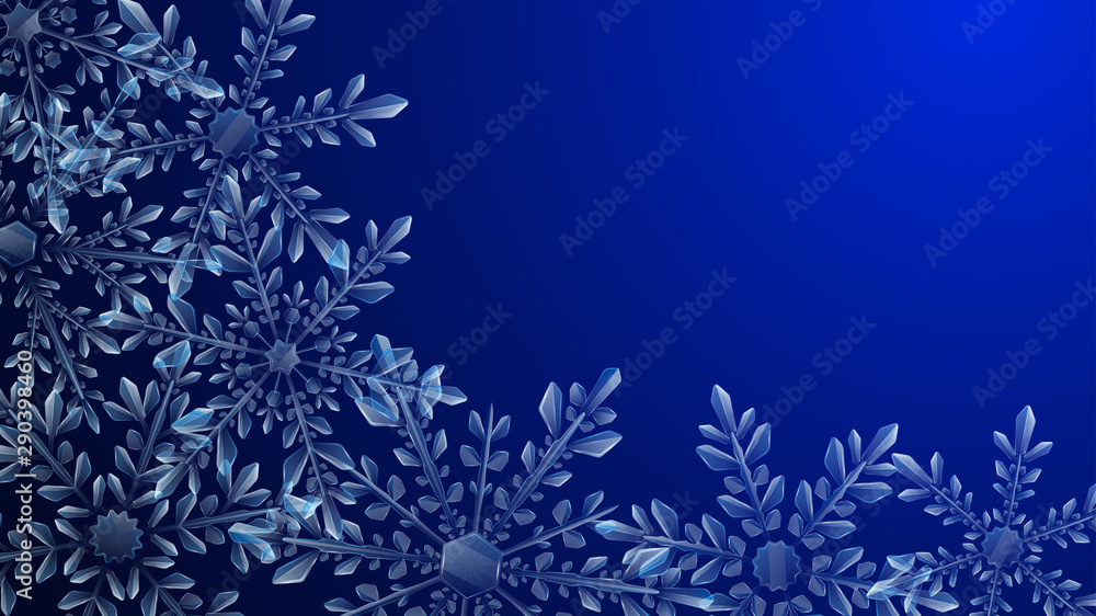 Fototapeta premium Christmas composition of large complex transparent snowflakes in light blue colors on dark gradient background. Transparency only in vector format