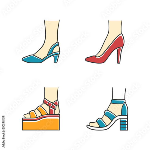 Women summer shoes color icons set. Female elegant formal and casual footwear. Stylish platform and block heel sandals. Fashionable spring season stilettos. Isolated vector illustrations