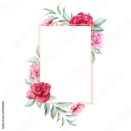 Watercolor flowers frame for wedding or greeting card composition. Floral illustration of red roses, peonies, leaf, branches. Wedding invitation flower background