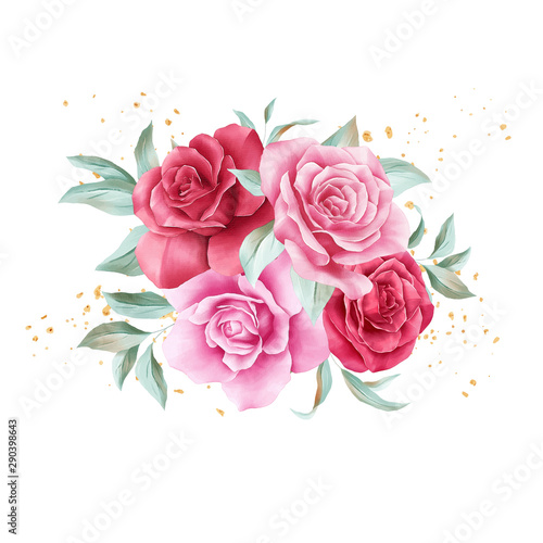 Floral bouquet for wedding invitation card composition. Watercolor flowers illustration of red roses and wild leaves element