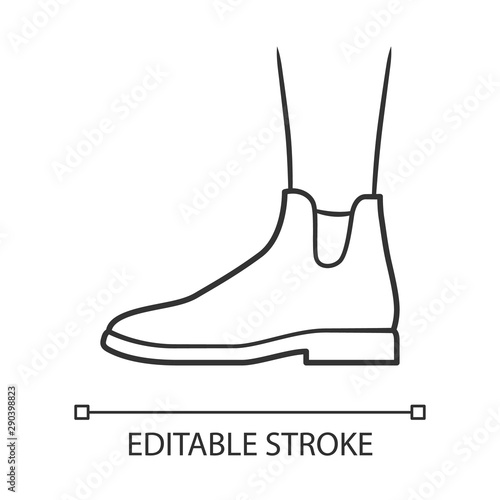 Women ankle boots linear icon. Chelsea trendy shoes side view. Female flat heel footwear for fall season. Editable stroke. Thin line illustration. Contour symbol. Vector isolated outline drawing