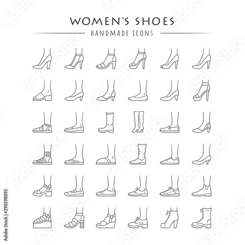 Women shoes linear icons set. Female fashion, summer and autumn trendy footwear. Stiletto high heels, sandals, pumps. Editable stroke. Thin line contour symbols. Isolated vector outline illustrations
