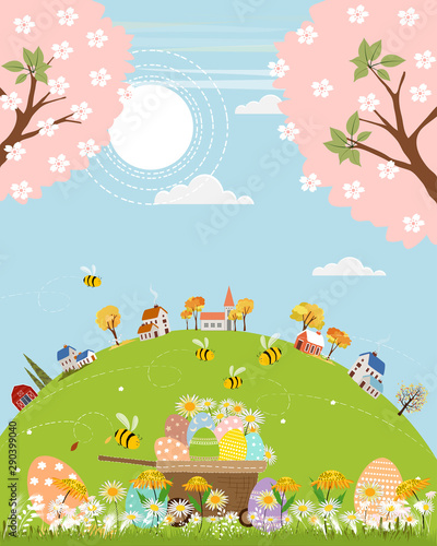 Cute cartoon landscape with pastel Easter eggs on cart in sping field on sunny day, Vector Easter eggs in different designs on hills with honey Bees collecting pollen on flowers, Easter background
