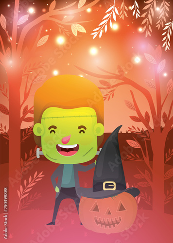 halloween season scene with boy costume frankenstein