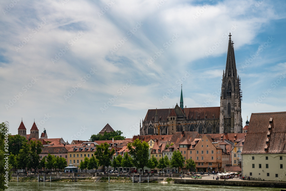 Beautiful view of the Regensburg Cathedral ( St. Peter's Cathedral) on river side of Danube, Bavaria, Germany