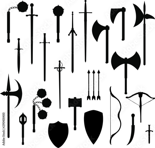 Medieval weapons silhouette Clip Art. Vector Illustration Set.