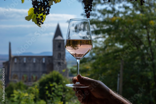 Tasting a glass of rose wine in Zsambek Hungar which is part of the Etyek Wine Region. In the background there is the old monastery church ruin. photo
