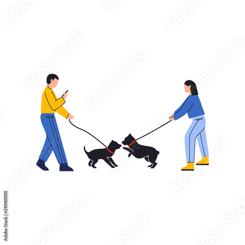 People walking their dogs. Dogs are playing outside. Woman trying to hold her hound and man staring at the phone unable to see it. Flat vector illustration