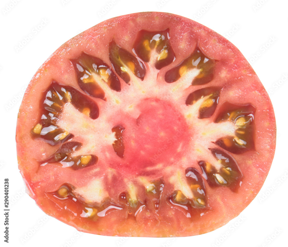 Ripe red tomato cut in half inside cross section isolated on white background Ripe red tomato cut in half inside cross section isolated on white background