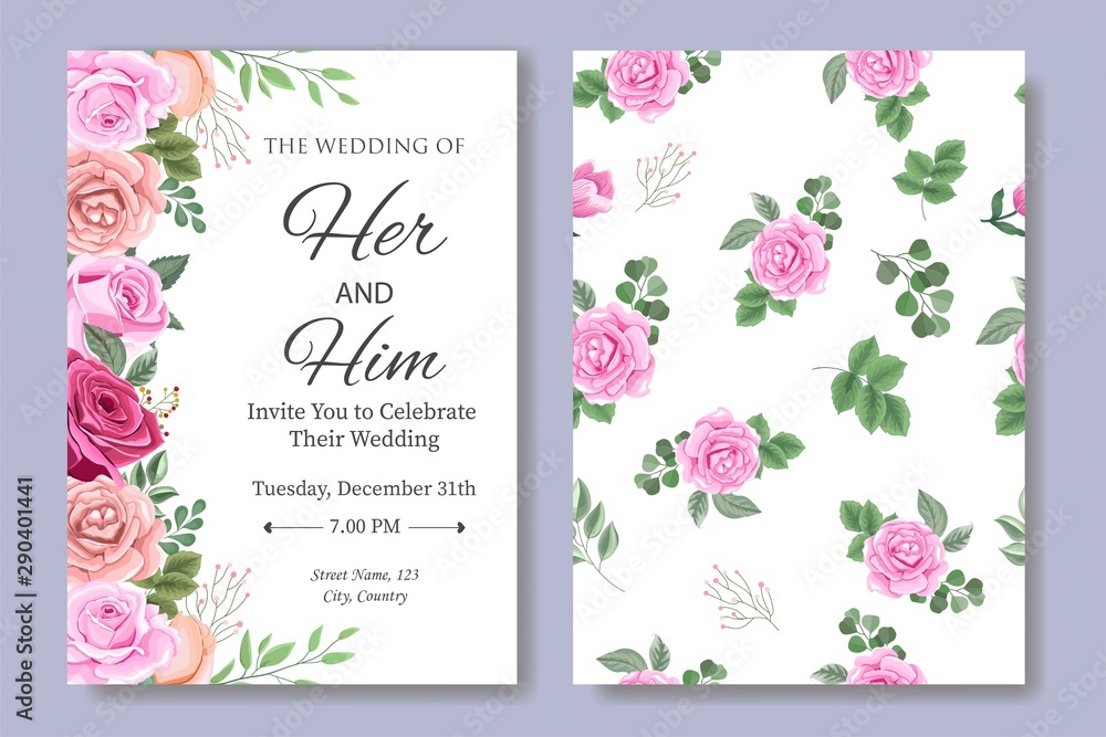 Wedding Invitation Card with Beautiful Flowers and Leaves