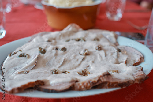 vitello tonnato is a dish of very traditional Italian origin in Argentina for Christmas and summer, It is made of roasted meat served cold with a tuna sauce made with egg and capers