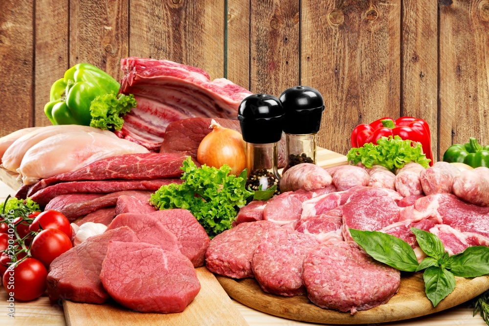 Freshness Meat collection on wooden background Freshness Meat collection on wooden background