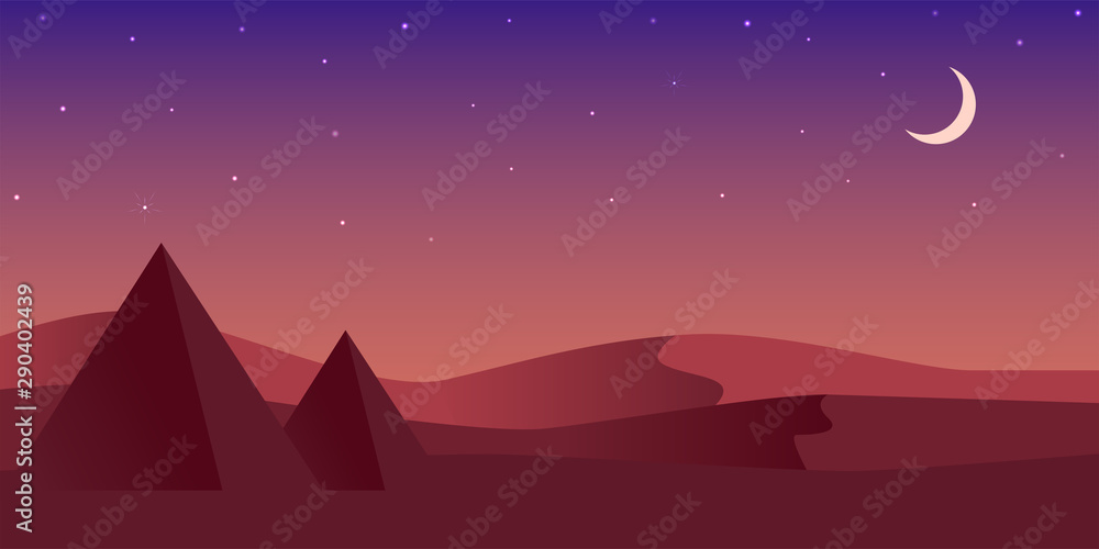 Obraz premium Colorful night sky pyramids. Pyramids in desert filled stars and moon.
