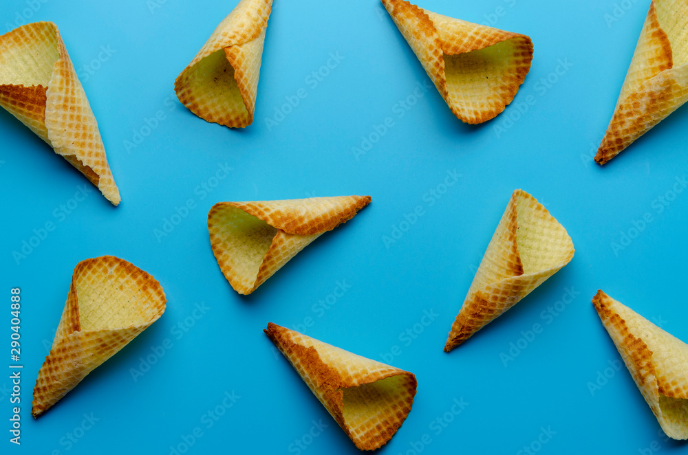 Ice cream wafer cones pattern. Top view. Flat lay Ice cream wafer cones pattern. Top view. Flat lay
