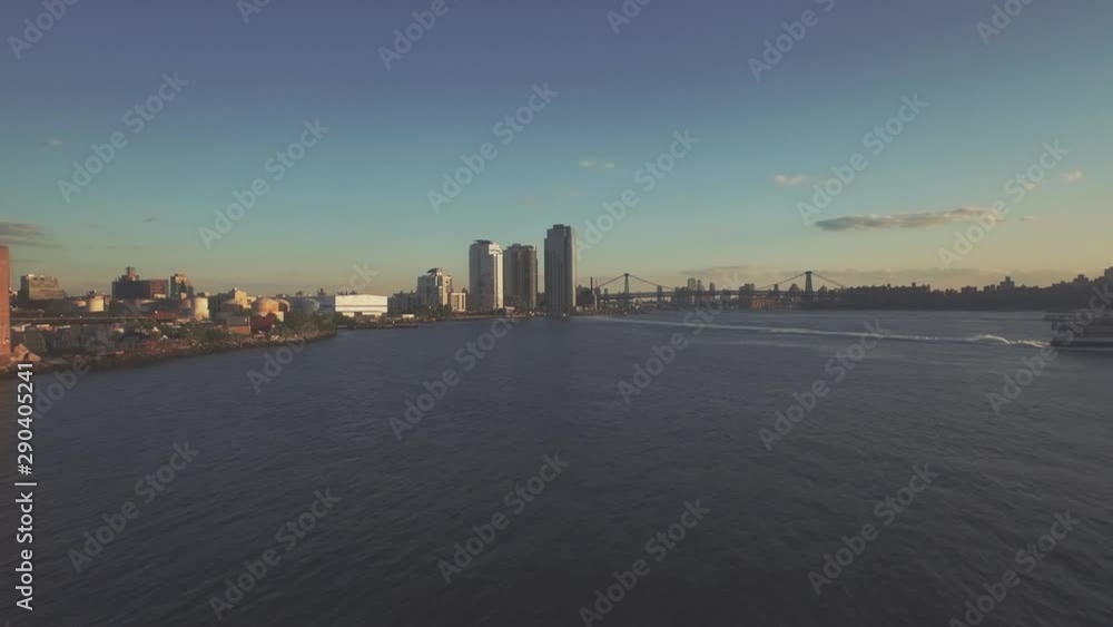 Aerial shot of city waterfront, Brooklyn, New York, United States Aerial shot of city waterfront, Brooklyn, New York, United States