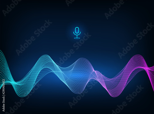 Voice assistant concept. Microphone voice control technology, voice and sound recognition. Vector sound wave. High-tech AI assistant voice, background wave flow, equalizer. Vector illustration