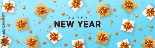 New Year's gifts flat top view. Christmas blue horizontal banner, header for website. Xmas background, design with realistic gift boxes, gold metal volumetric stars and bauble, golden ball.
