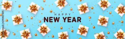 New Year's gifts flat top view. Christmas blue horizontal banner, header for website. Xmas background, design with realistic gift boxes, gold metal volumetric stars and bauble, golden ball.