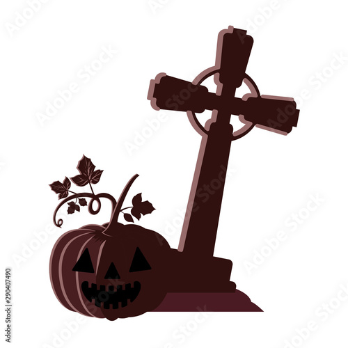 halloween pumpkin with dark face and cemetery cross