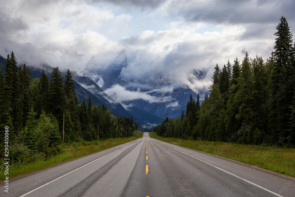 Beautiful View of Yellowhead Highway with Mount Robson in the background during a cloudy summer morning. Taken in British Columbia, Canada. Beautiful View of Yellowhead Highway with Mount Robson in the background during a cloudy summer morning. Taken in British Columbia, Canada.