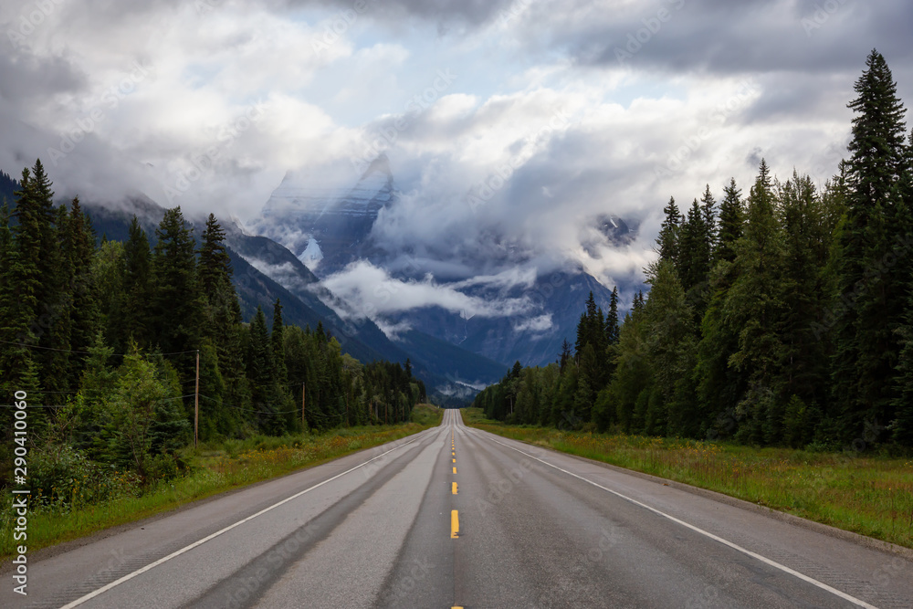 Beautiful View of Yellowhead Highway with Mount Robson in the background during a cloudy summer morning. Taken in British Columbia, Canada.