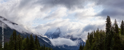 Beautiful Panoramic Landscape View of Mount Robson in the background during a cloudy summer morning. Taken in British Columbia, Canada.