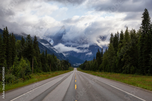 Beautiful View of Yellowhead Highway with Mount Robson in the background during a cloudy summer morning. Taken in British Columbia, Canada. © edb3_16