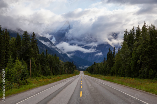 Beautiful View of Yellowhead Highway with Mount Robson in the background during a cloudy summer morning. Taken in British Columbia, Canada. © edb3_16