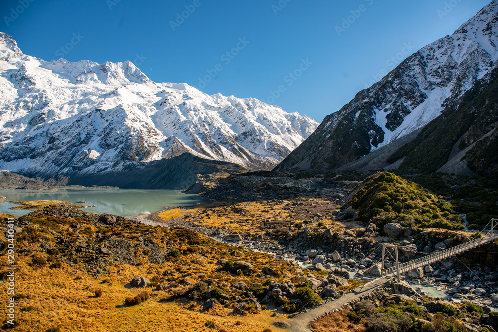 Magnificent Southern alps scenery in the Hooker valley track in Aoraki Mount Cook National Park