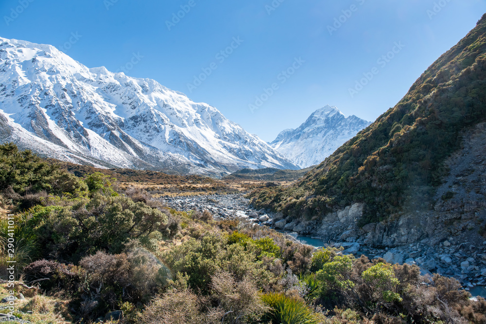 Magnificent Southern alps scenery in the Hooker valley track in Aoraki Mount Cook National Park