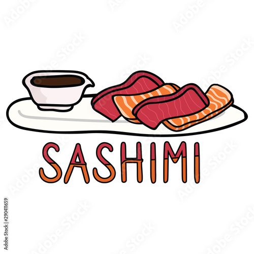 Cute sashimi on plate with soy sauce illustration. Hand drawn raw tuna and salmon clip art. 