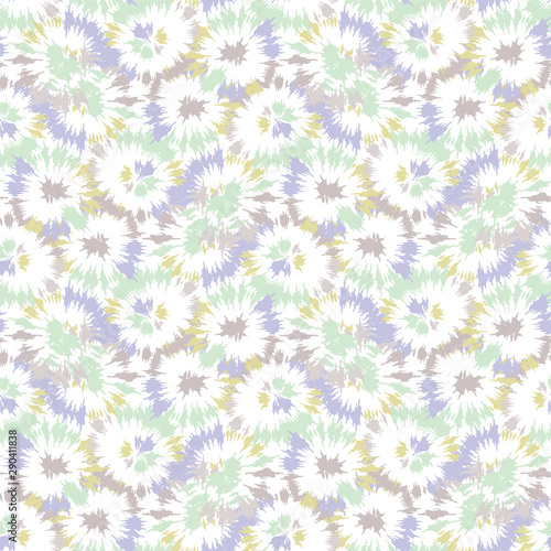 Blurry shibori tie dye naive daisy background. Seamless pattern on bleached resist white. Spring neo mint pastel for irregular dip dyed batik textile. Variegated pale textured trendy fashion swatch.