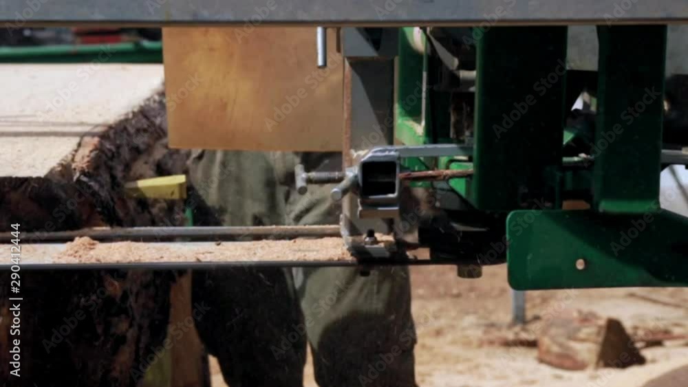 Bandsaw cutting lumber at sawmill Bandsaw cutting lumber at sawmill