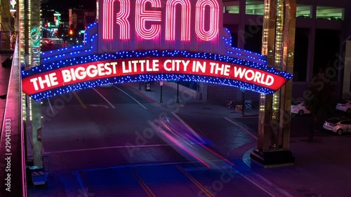 Time lapse of traffic near neon sign at night, Reno, Nevada, United States photo