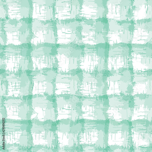 Blurry shibori plaid check tie dye background. Seamless pattern irregular criss cross bleached resist white background. Neo mint dip dyed batik textile. Variegated textured trendy fashion swatch