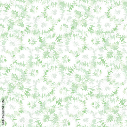 Blurry shibori tie dye naive daisy background. Seamless pattern on bleached resist white. Spring neo mint pastel for distressed dip dyed batik textile. Variegated pale textured trendy fashion swatch.
