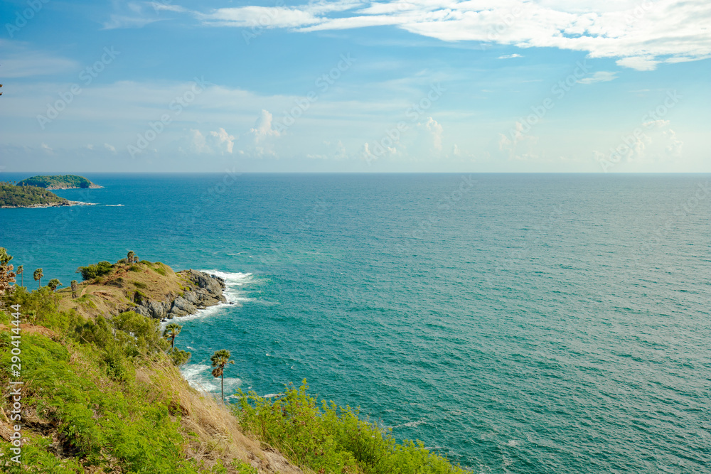 Fototapeta premium Seascape of Phuket Best View Point Sunset at Phrom Thep Cape. One of attraction tourist in Phuket landmark at Laem Phromthep Phuket.