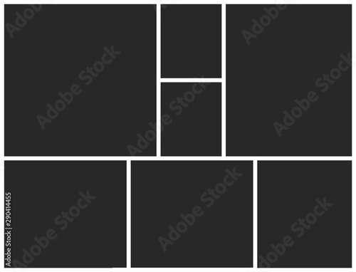 Templates collage seven frames photos parts, picture or illustration. Vector poster frame mockup. Seven photos.