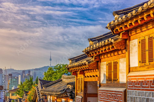 Wallpaper Mural Sunrise of Bukchon Hanok Village in Seoul, South Korea. Torontodigital.ca