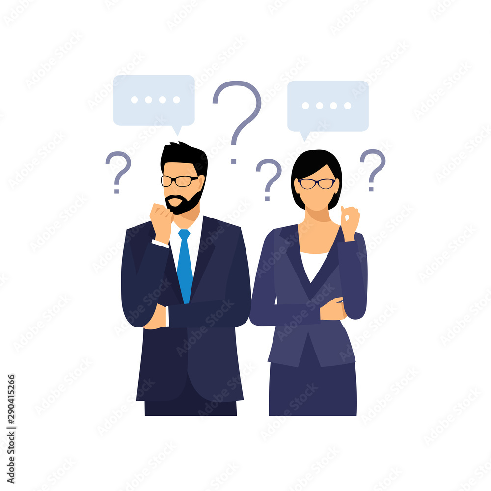 Man and woman with question marks. Man with question. Vector male character solving problem. Dilemma of businessman Man and woman with question marks. Man with question. Vector male character solving problem. Dilemma of businessman