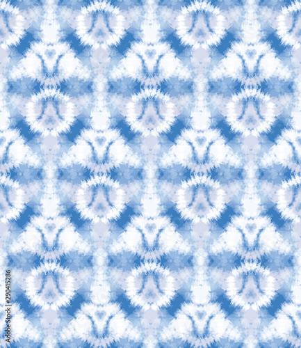 Blurry shibori sunburst tie dye background. Seamless pattern irregular circle on bleached resist white background. Japanese style dip dyed batik textile. Variegated textured trendy fashion swatch