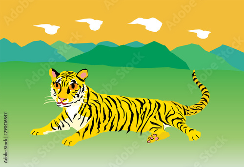 The Tiger Has Background of Rolling Mountains.