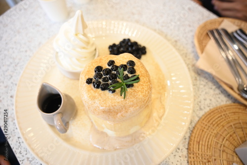 Souffle pancake with boba and softcream yogurt