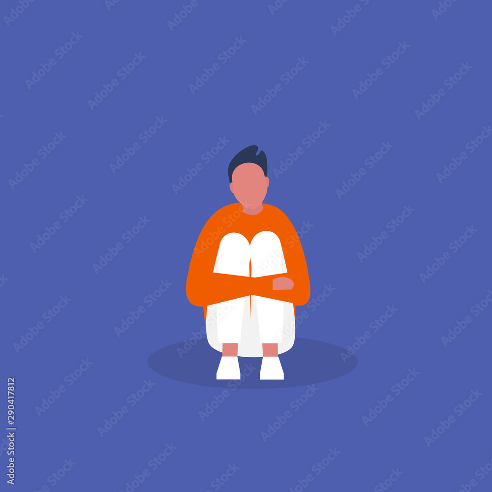 Young depressed male character hugging his knees. Stages of grief. Emotional problems. Mental health. Modern life of millennials. Flat editable vector illustration, clip art