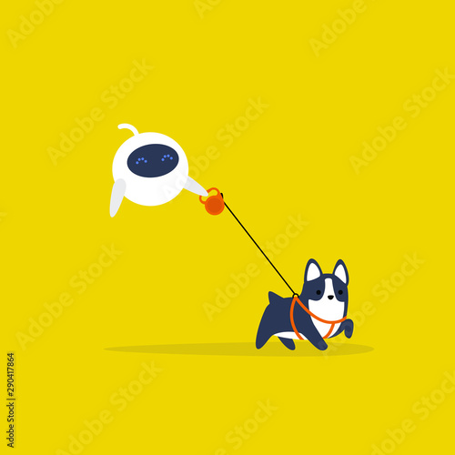 Cute domestic robot walking a dog on a leash. Home assistant. Artificial intelligence. Futuristic technology / flat editable vector illustration