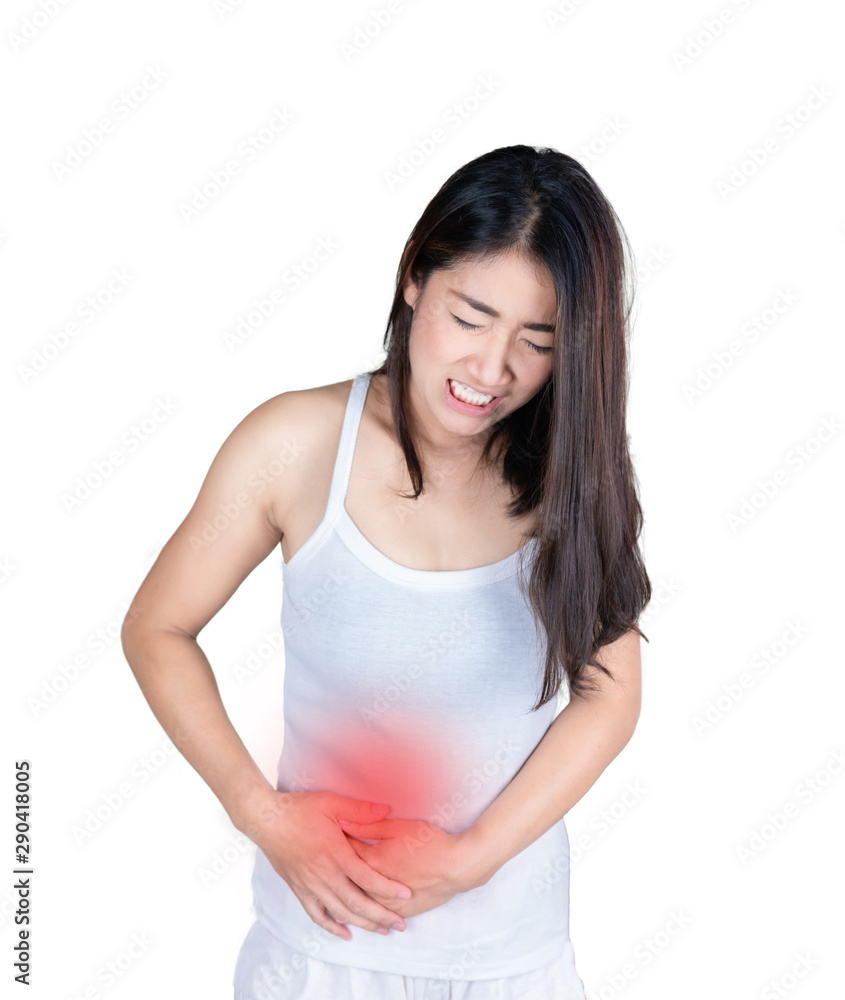 Asian women her stomach aches hard isolated on white background Asian women her stomach aches hard isolated on white background