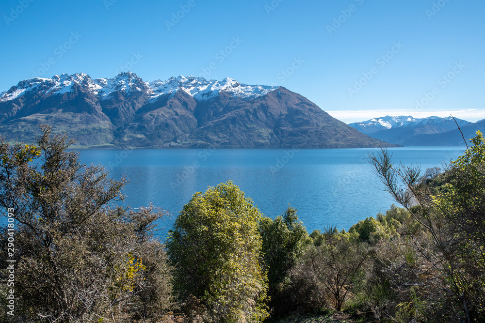 Stunning glacial lake coastal scenery in New Zealand Southern Alps
